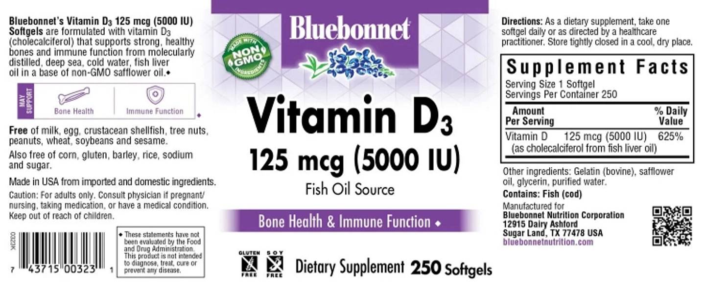 Bluebonnet Nutrition, Vitamin D3 label