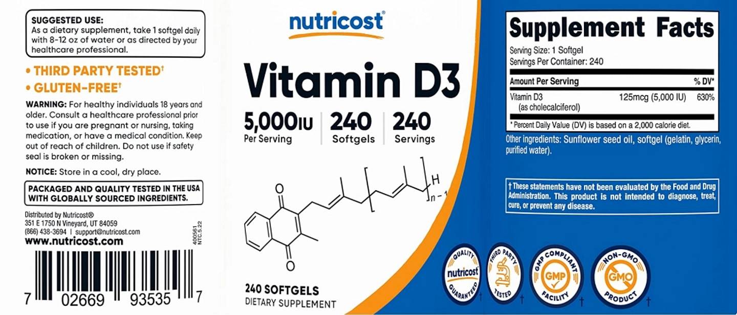 Nutricost, Vitamin D3 label