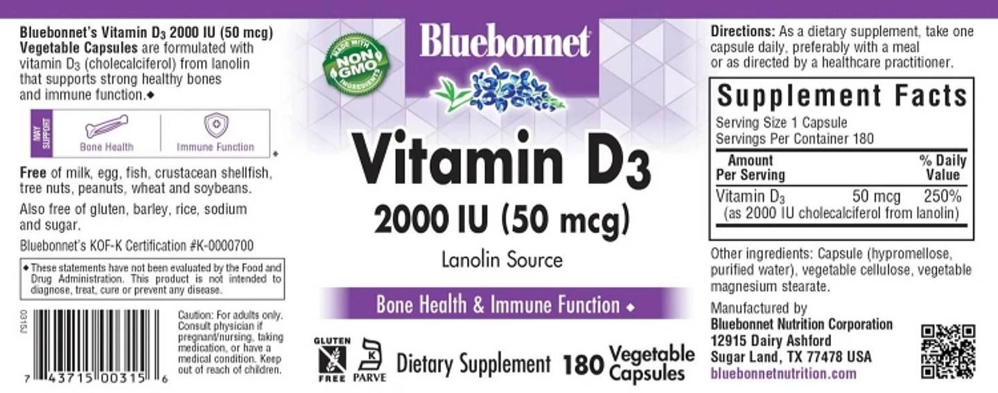 Bluebonnet Nutrition, Vitamin D3 label