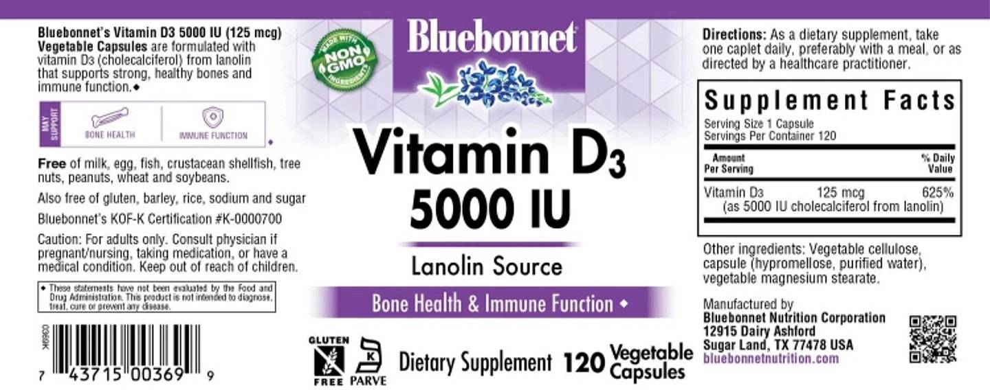 Bluebonnet Nutrition, Vitamin D3 label