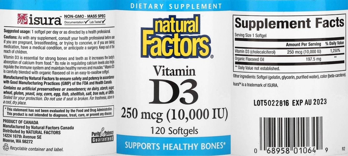 Natural Factors, Vitamin D3 label