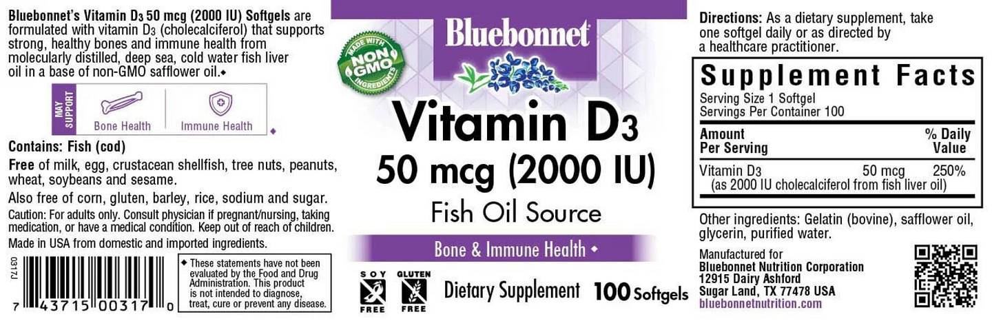 Bluebonnet Nutrition, Vitamin D3 label