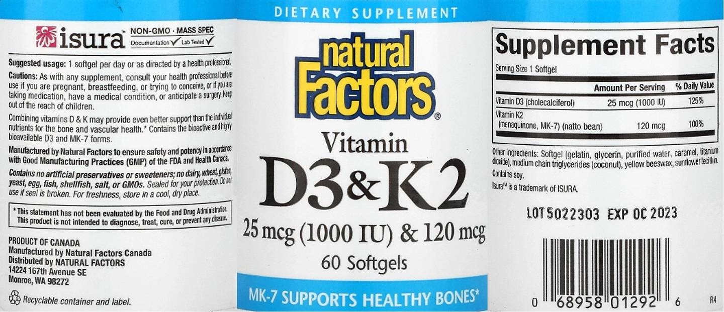 Natural Factors, Vitamin D3 & K2 label