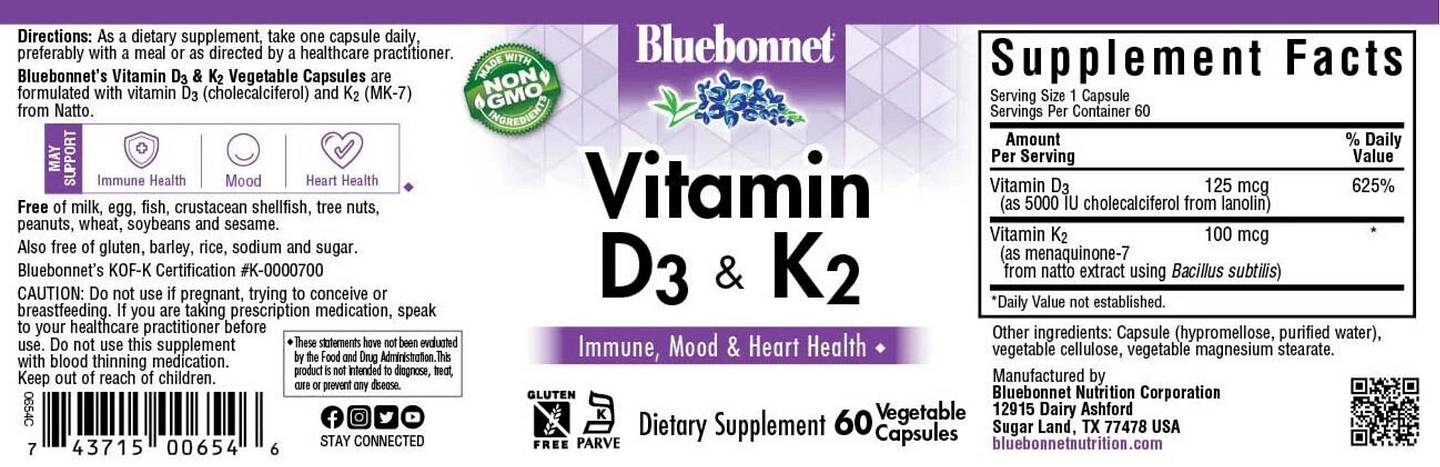 Bluebonnet Nutrition, Vitamin D3 & K2 label