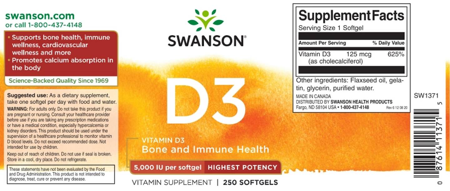 Swanson, Vitamin D3, Bone and Immune, Highest Potency label