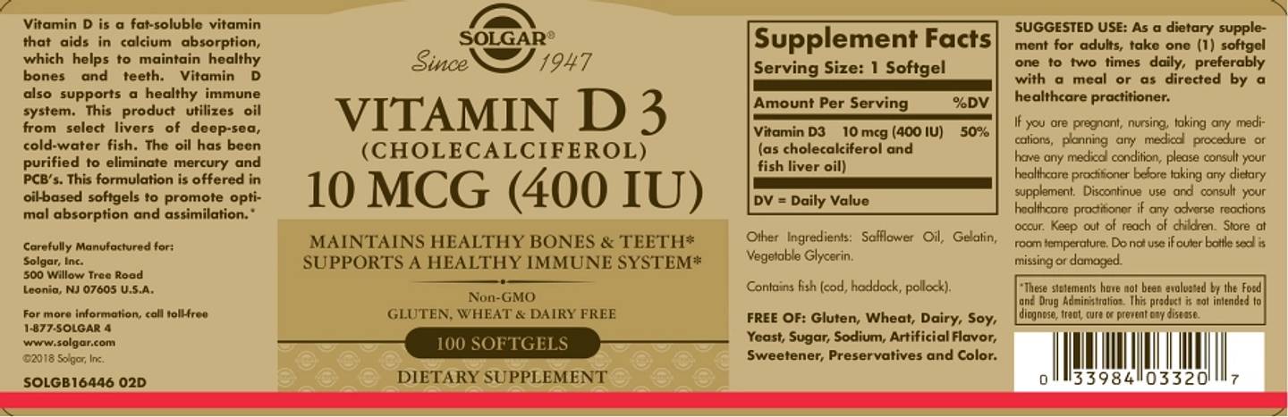 Solgar, Vitamin D3 (Cholecalciferol) label