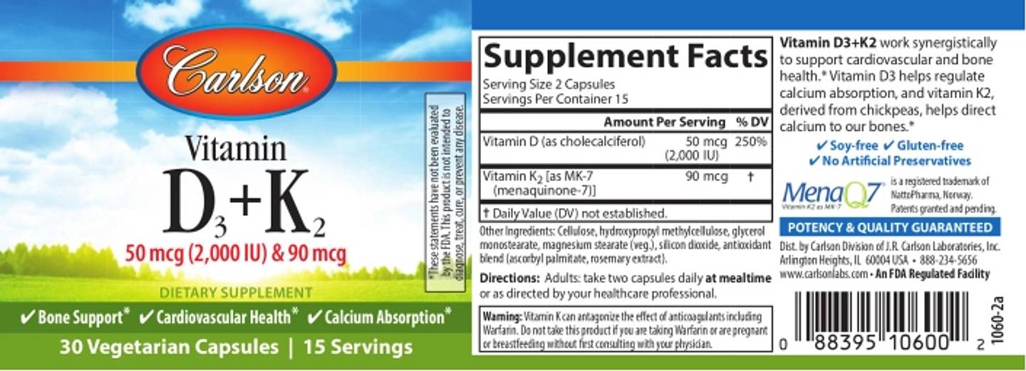 Carlson, Vitamin D3 + K2 label