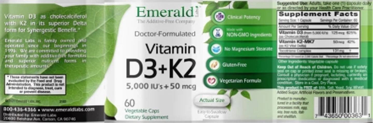 Emerald Laboratories, Vitamin D3 + K2 label