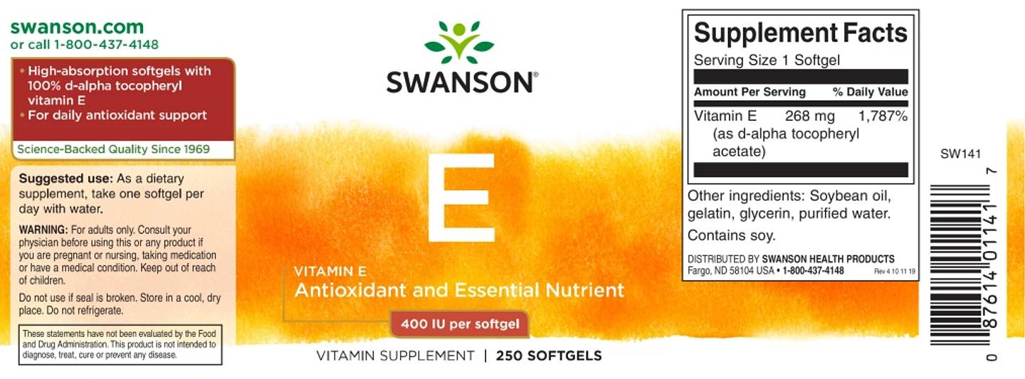 Swanson, Vitamin E, 400 IU label