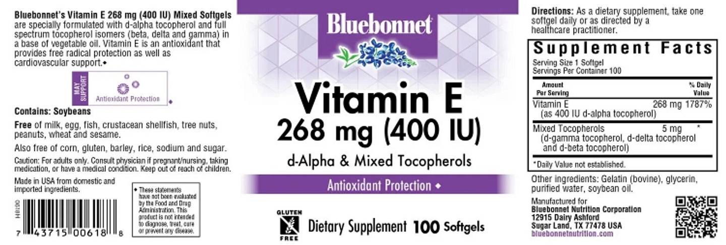 Bluebonnet Nutrition, Vitamin E label