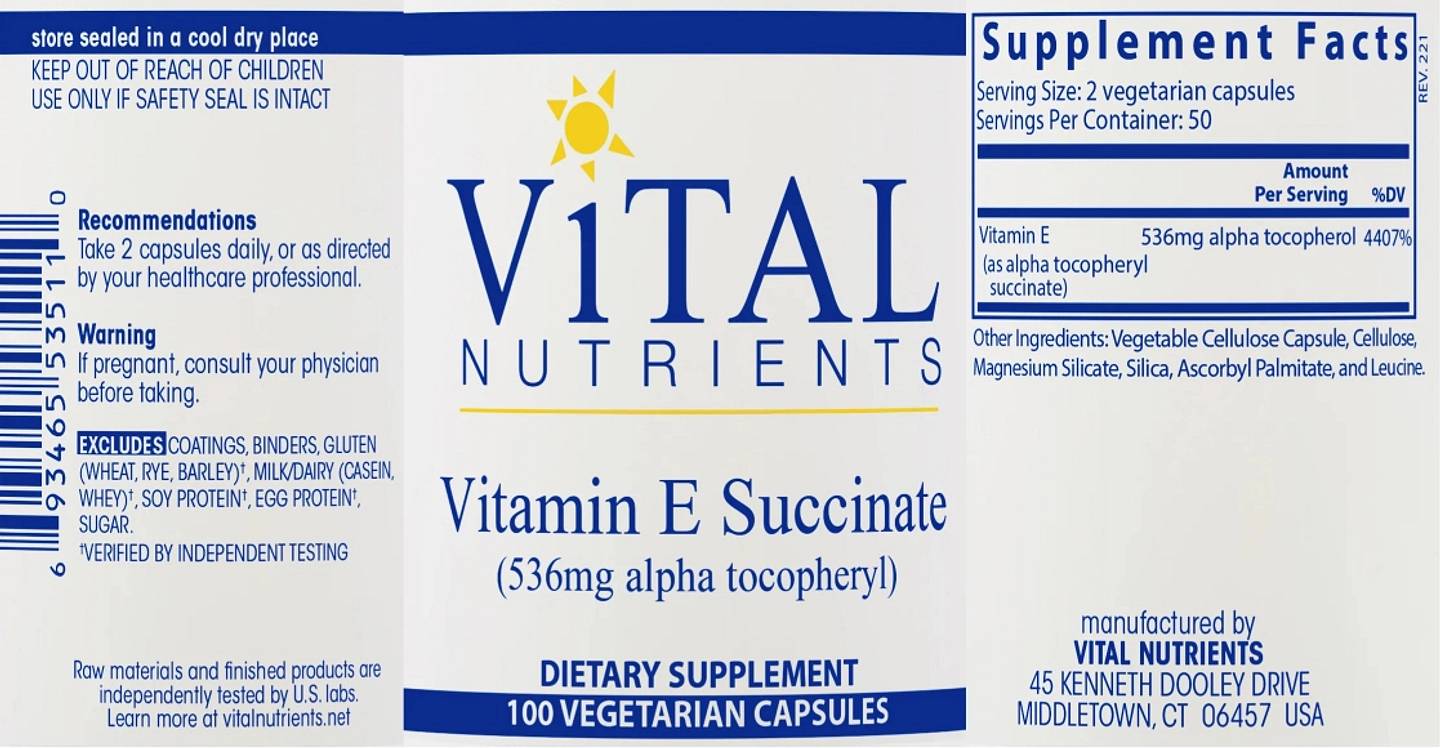 Vital Nutrients, Vitamin E Succinate label