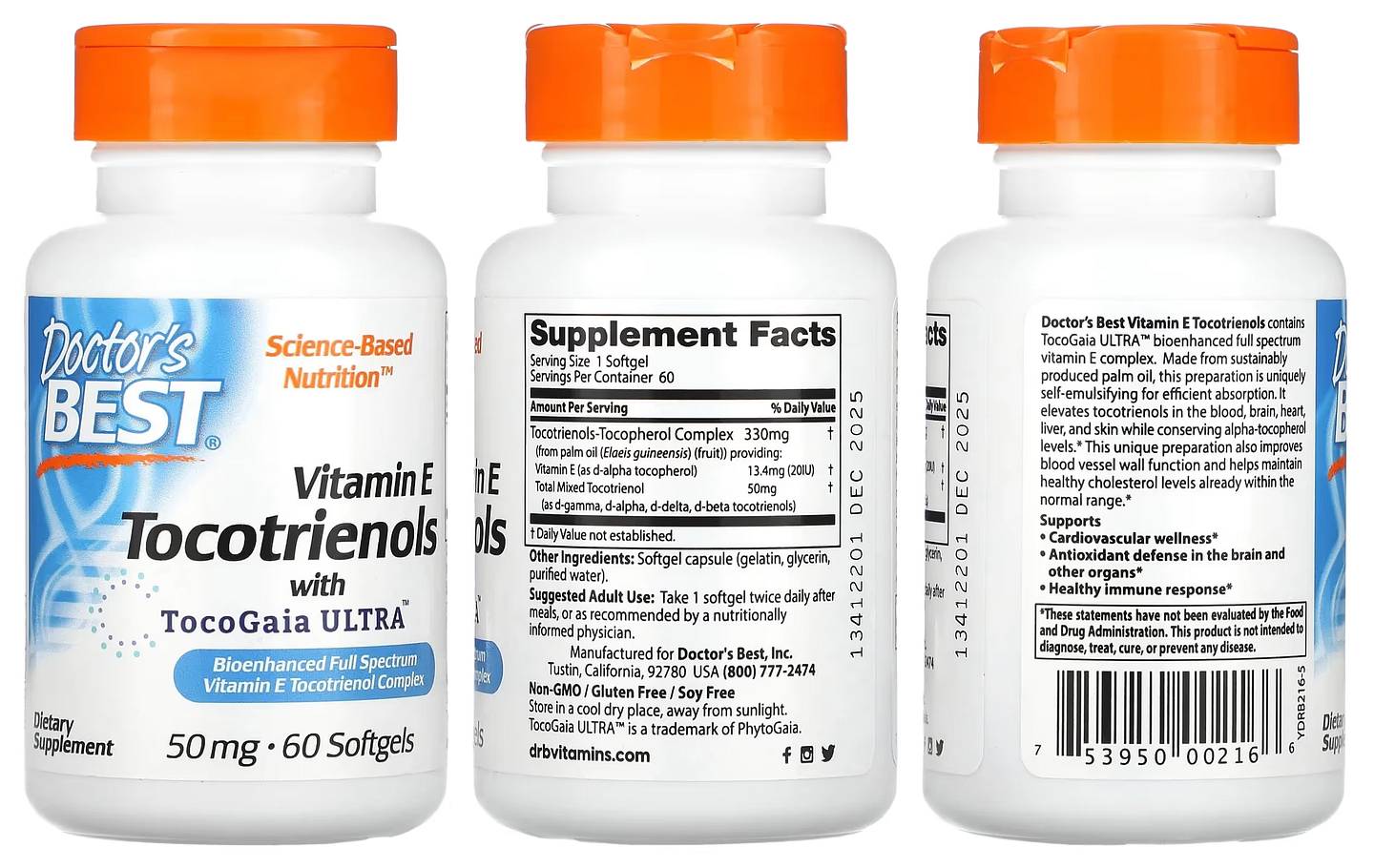 Doctor's Best, Vitamin E Tocotrienols with TocoGaia Ultra packaging