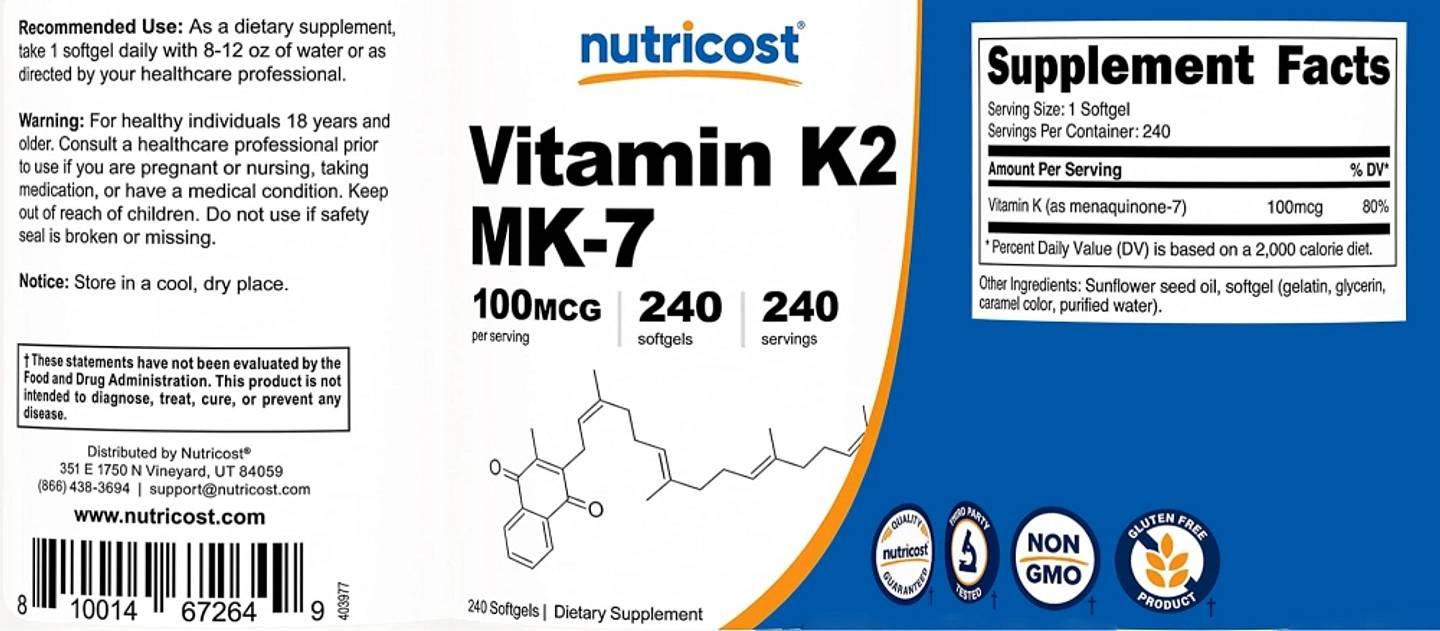 Nutricost, Vitamin K2 label