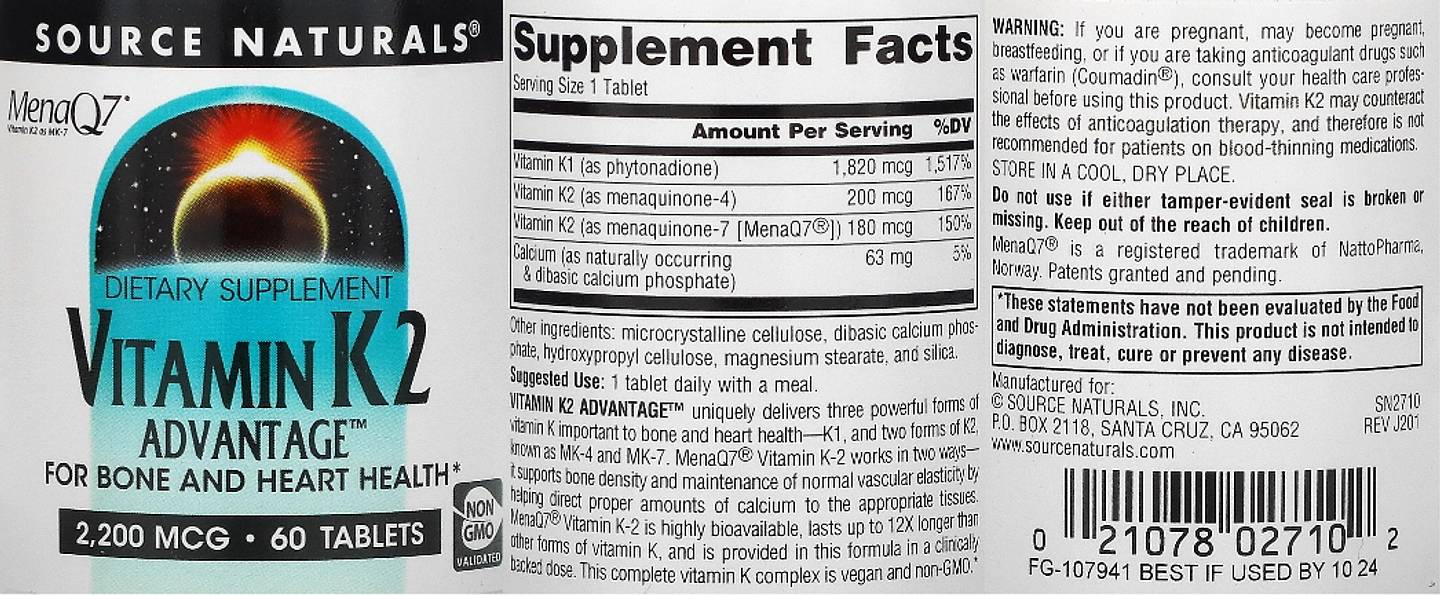Source Naturals, Vitamin K2 label