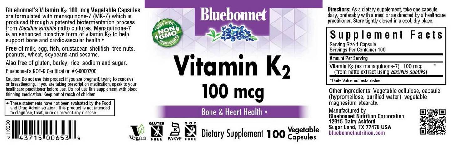 Bluebonnet Nutrition, Vitamin K2 label