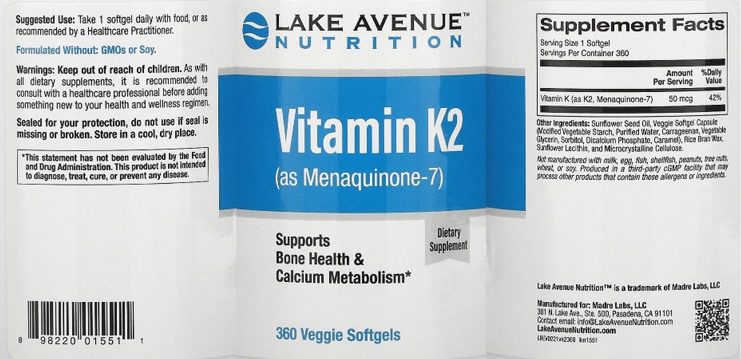 Lake Avenue Nutrition, Vitamin K2 (as Menaquinone-7) label