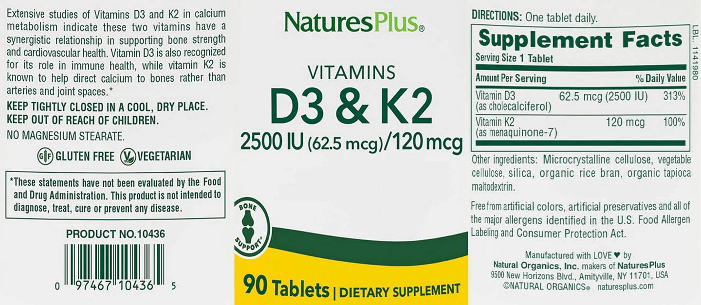 NaturesPlus, Vitamins D3 & K2 label