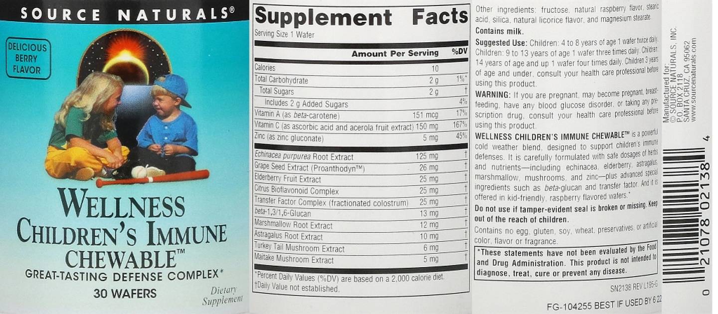 Source Naturals, Wellness, Children's Immune Chewable, Delicious Berry label