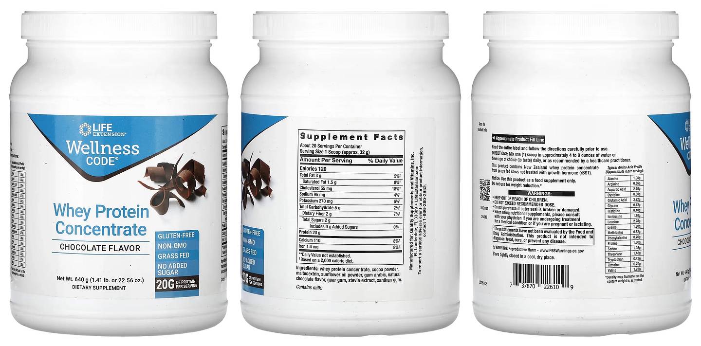 Life Extension, Wellness Code, Whey Protein Concentrate, Chocolate packaging