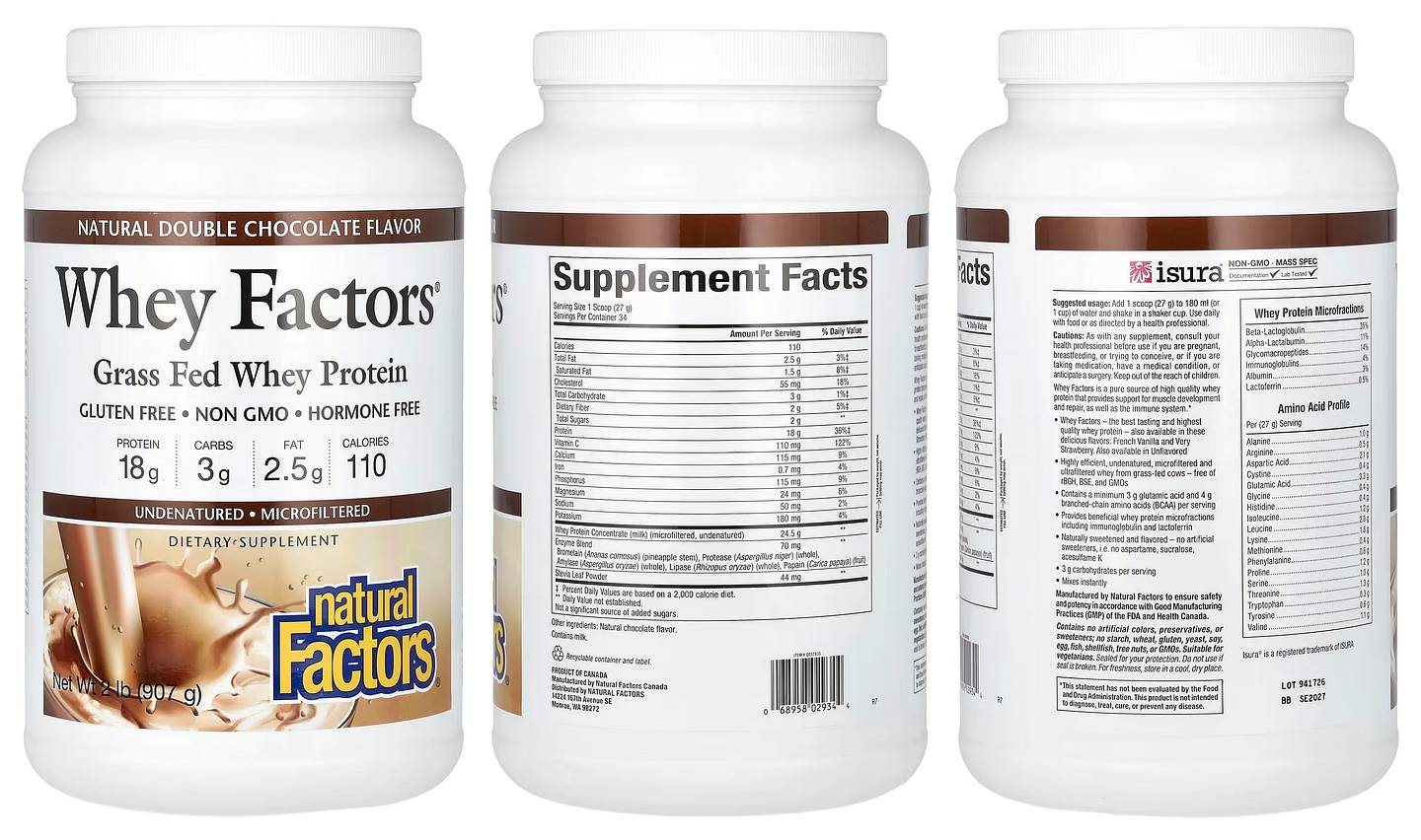 Natural Factors, Whey Factors, Grass Fed Whey Protein, Natural Double Chocolate packaging