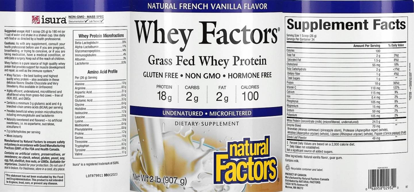 Natural Factors, Whey Factors, Grass Fed Whey Protein, Natural French Vanilla label