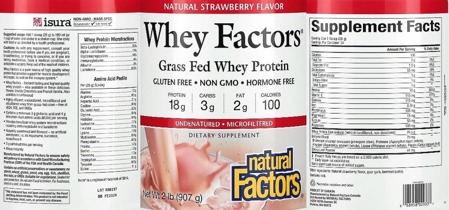 Natural Factors, Whey Factors, Grass Fed Whey Protein, Natural Strawberry label