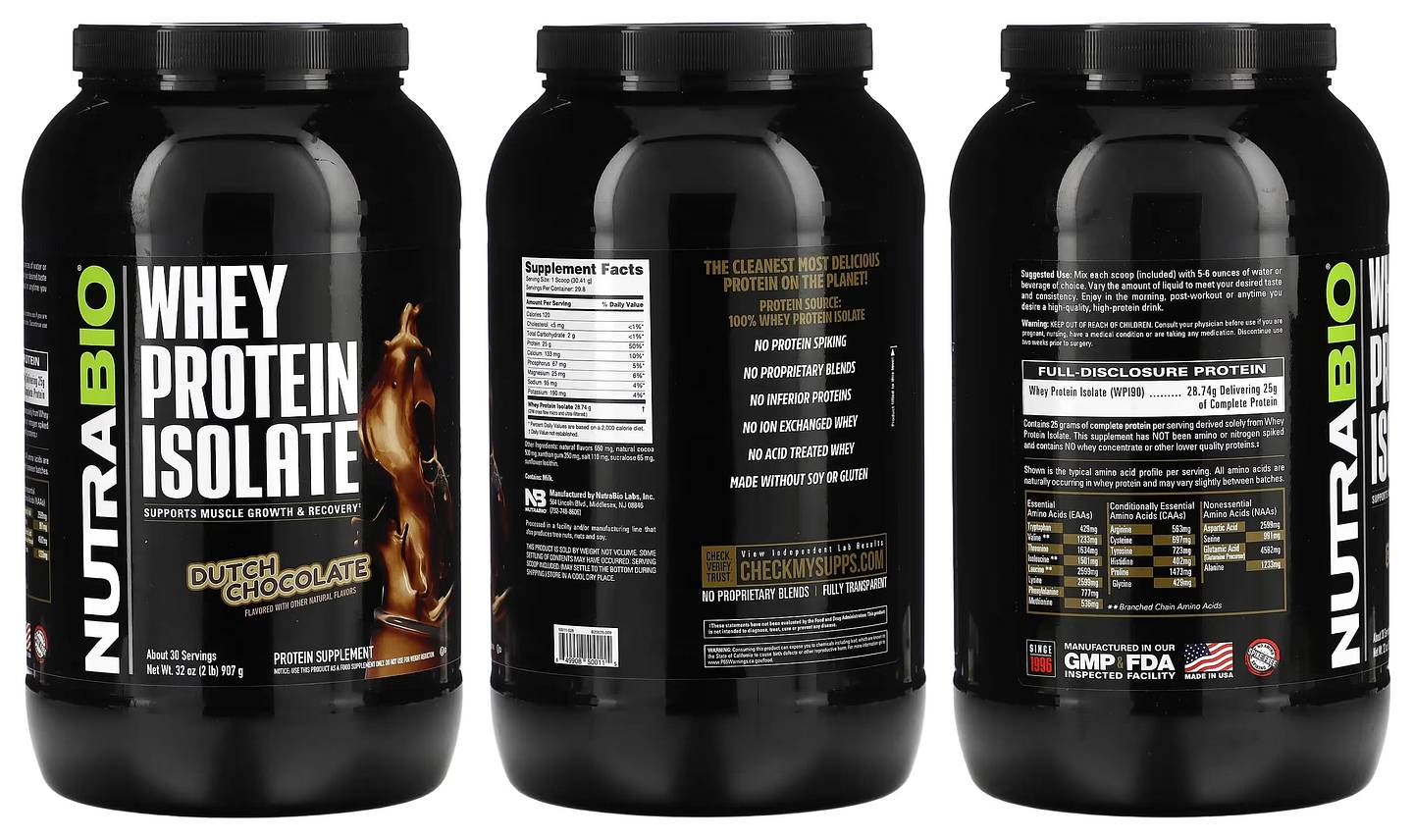 NutraBio, Whey Protein Isolate, Dutch Chocolate packaging