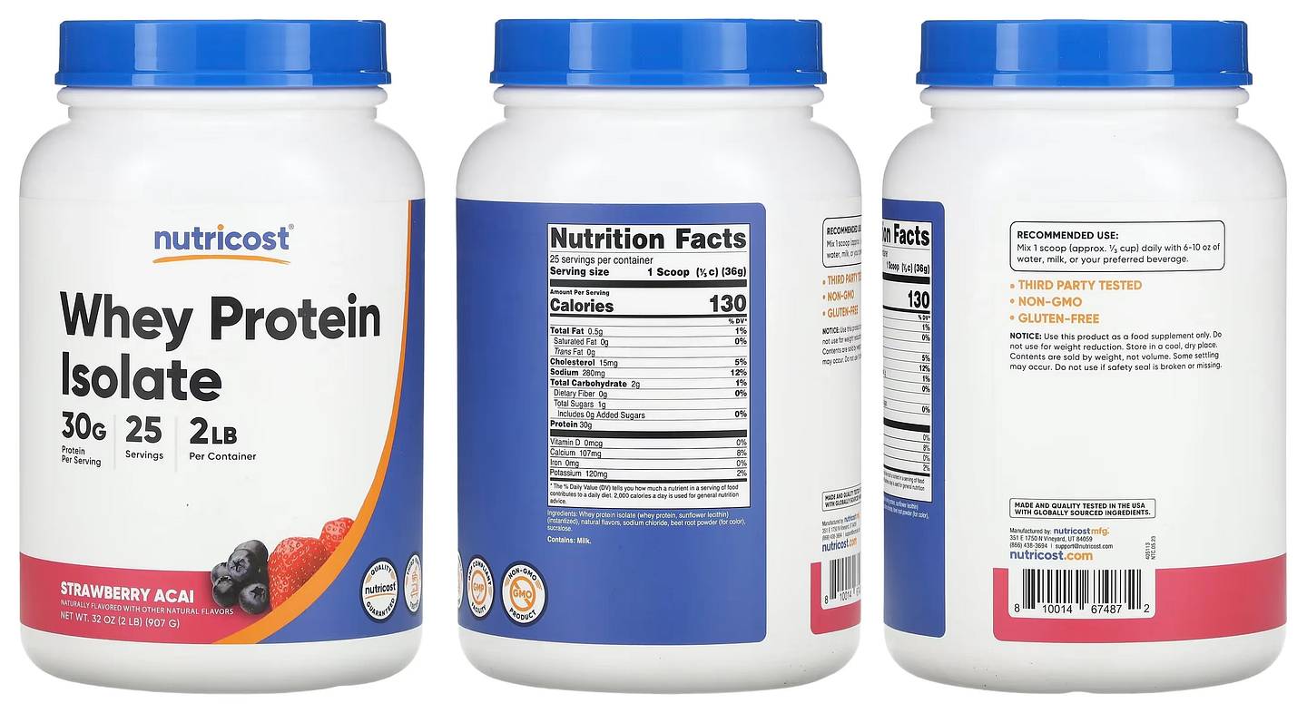 Nutricost, Whey Protein Isolate, Strawberry Acai packaging