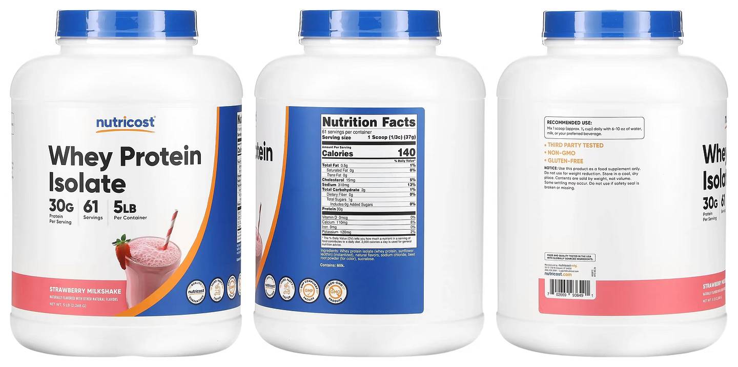 Nutricost, Whey Protein Isolate, Strawberry Milkshake packaging