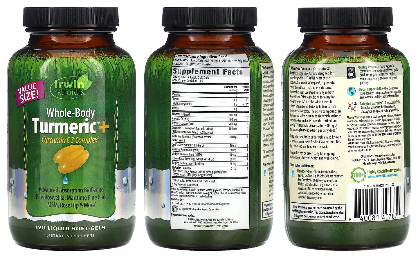 Irwin Naturals, Whole-Body Turmeric + Curcumin C3 Complex packaging