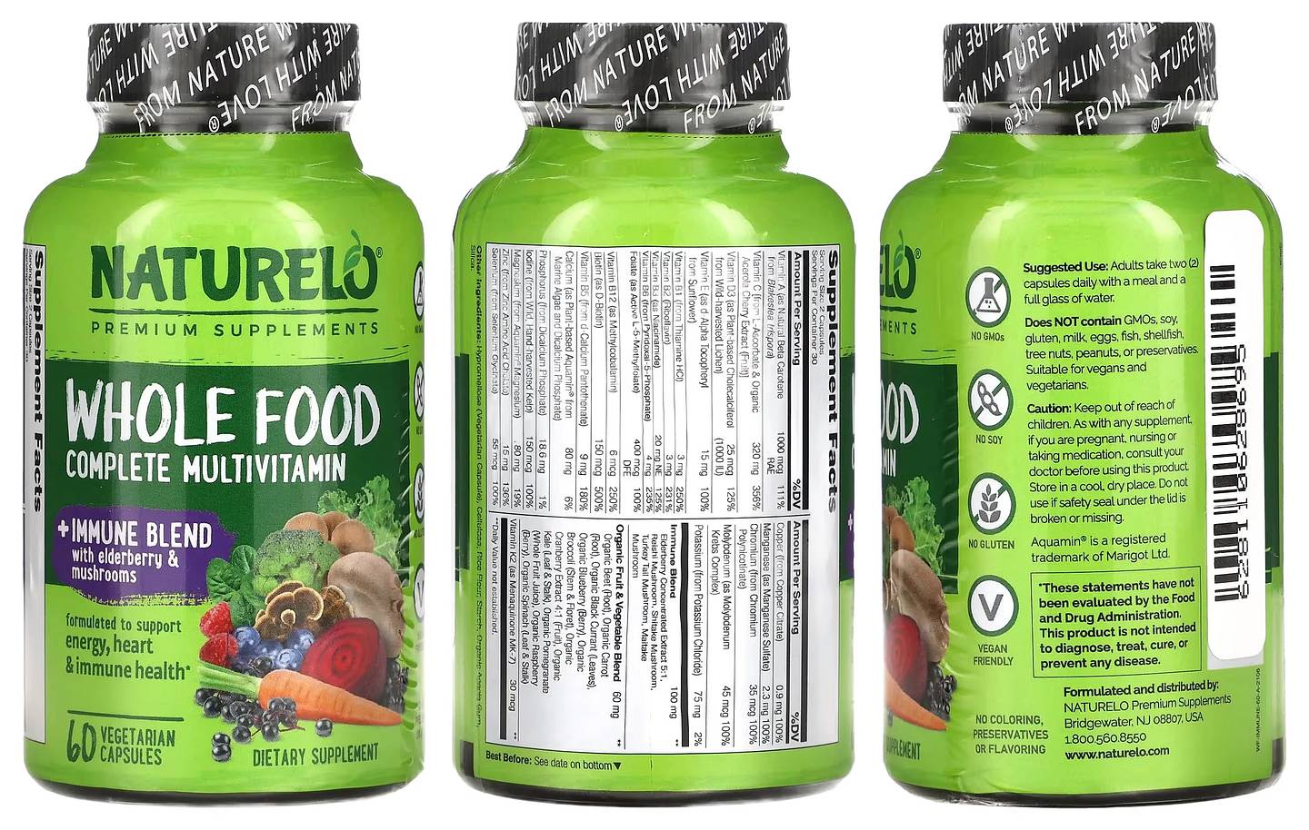 NATURELO, Whole Food Complete Multivitamin + Immune Blend packaging