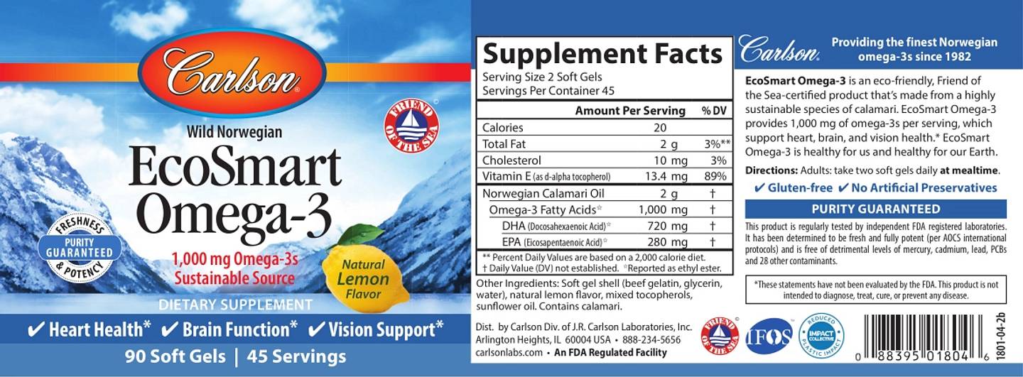 Carlson, Wild Norwegian, EcoSmart Omega-3, Natural Lemon label