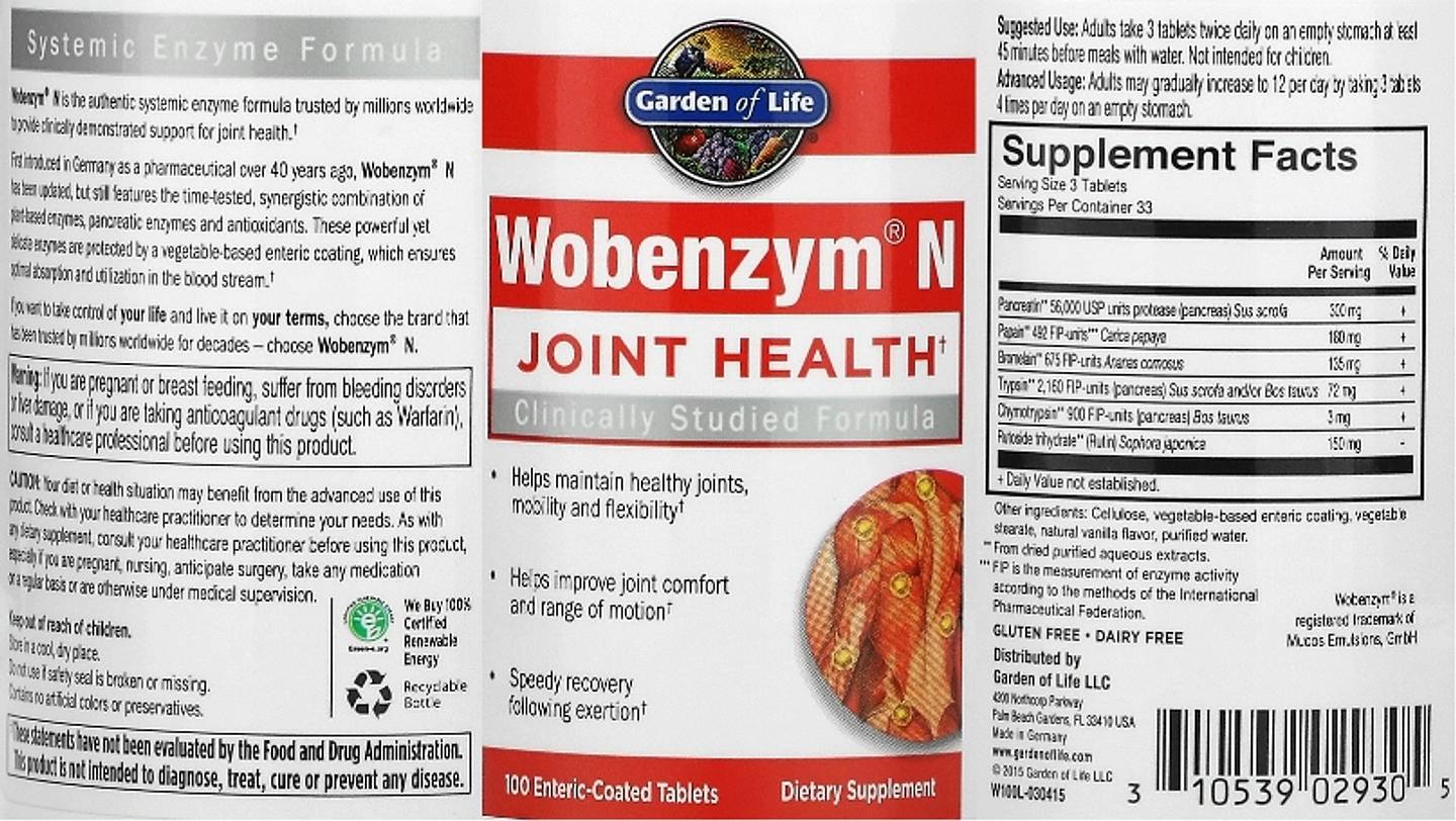 Garden of Life, Wobenzym N, Joint Health label