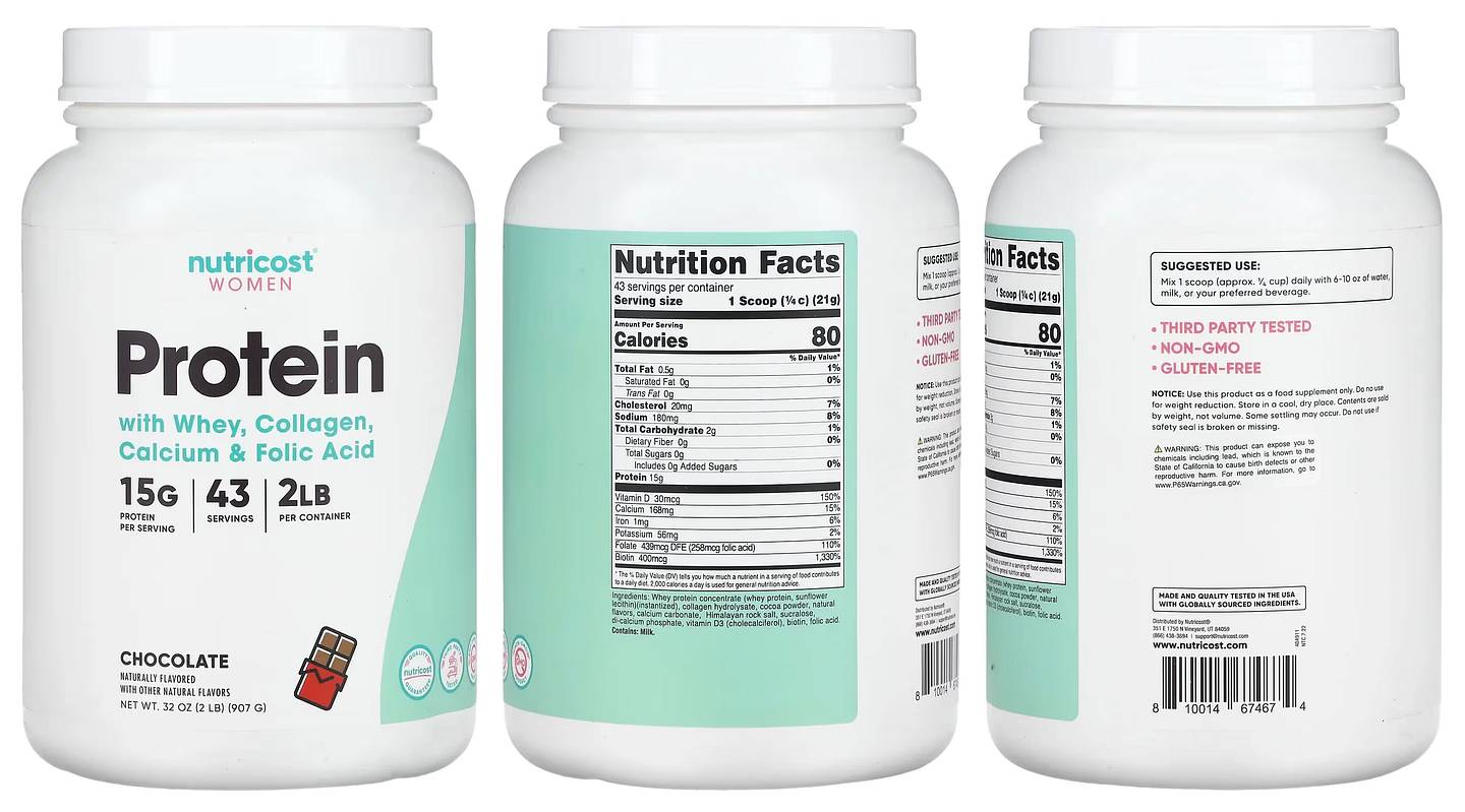 Nutricost, Women, Protein With Whey, Collagen, Calcium & Folic Acid, Chocolate packaging