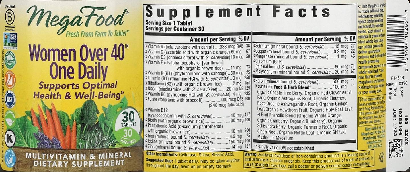 MegaFood, Women's 40+ One Daily Multivitamin label