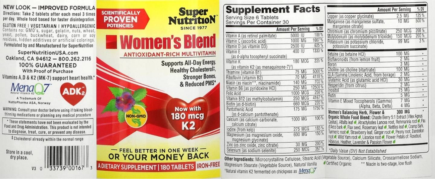 Super Nutrition, Women's Blend, Daily Multivitamin Plus Balancing Botanicals, Iron Free label