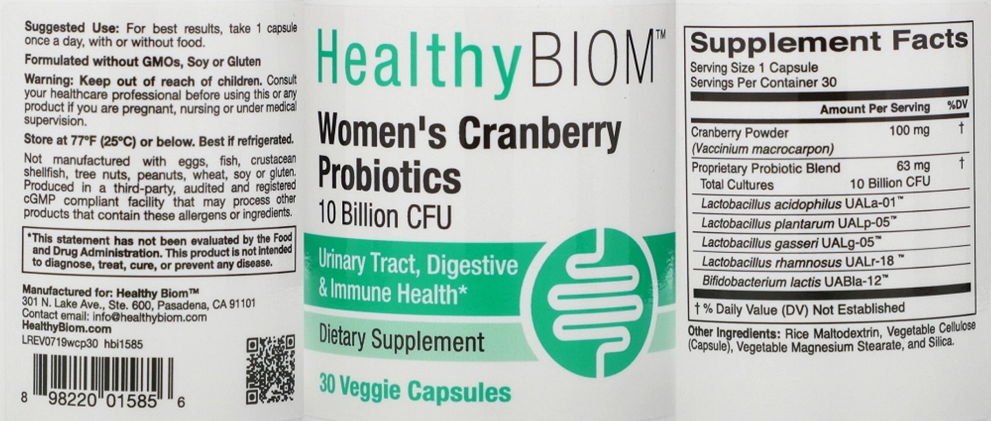 HealthyBiom, Women's Cranberry Probiotics label