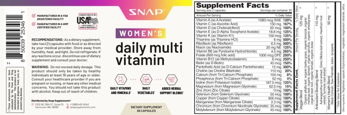 Snap Supplements, Women's Daily Multi Vitamin label
