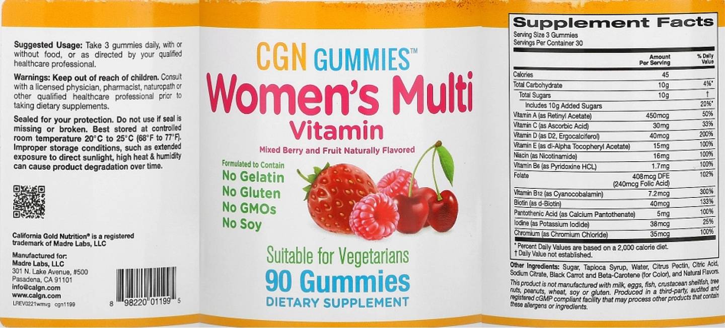 California Gold Nutrition, Women’s Multivitamin Gummies label