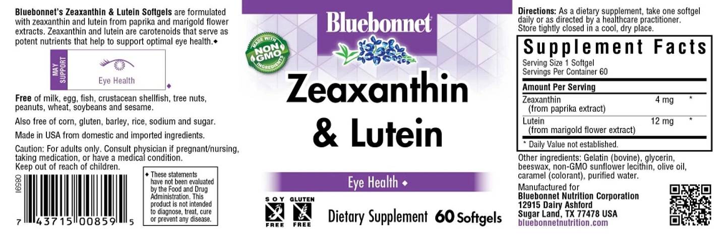 Bluebonnet Nutrition, Zeaxanthin & Lutein label