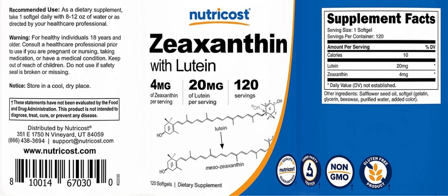 Nutricost, Zeaxanthin with Lutein label