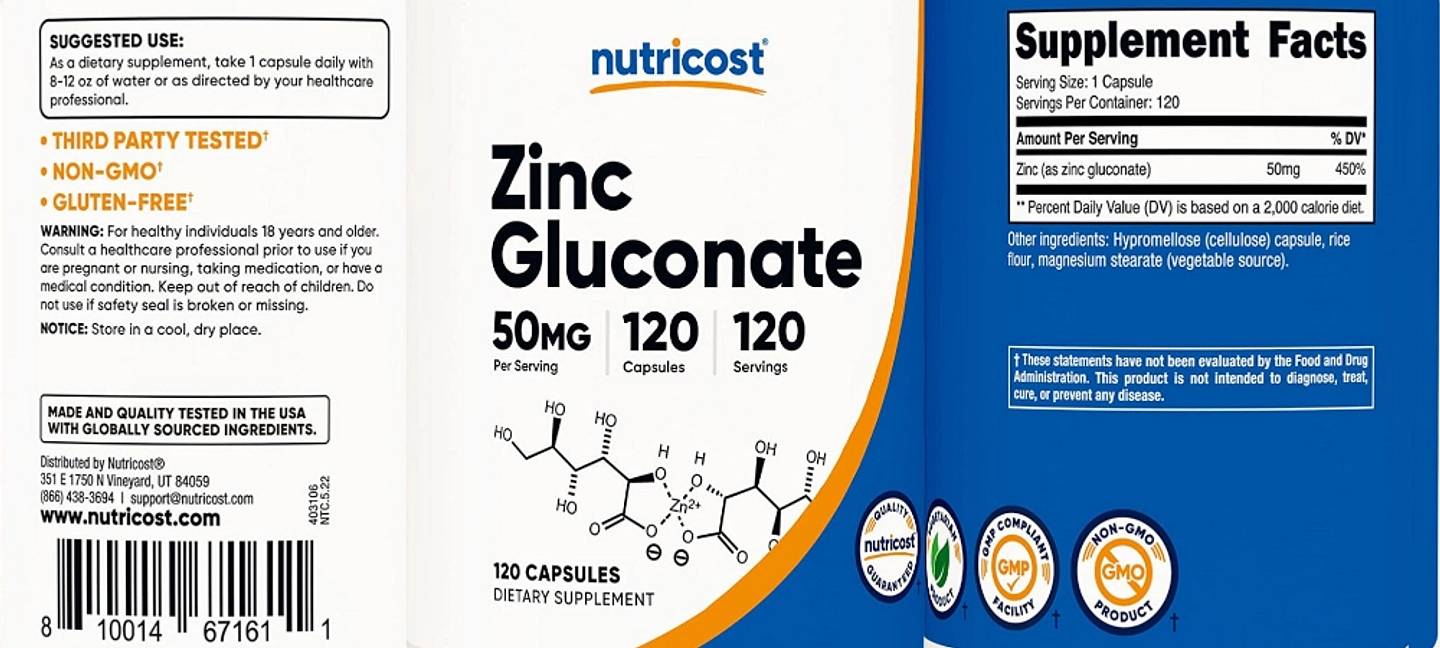 Nutricost, Zinc Gluconate label