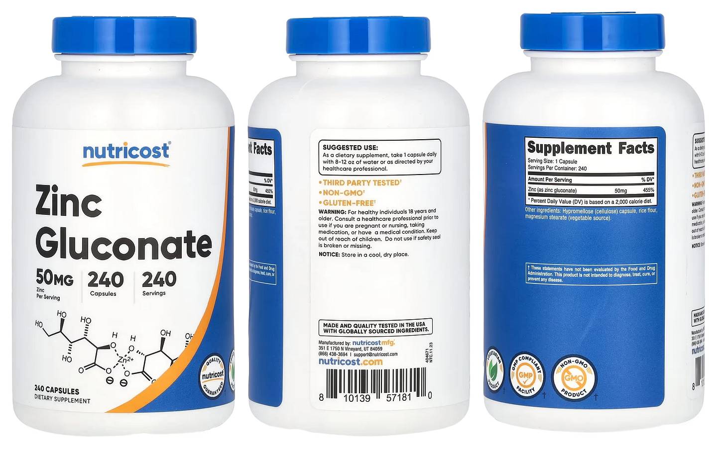 Nutricost, Zinc Gluconate packaging