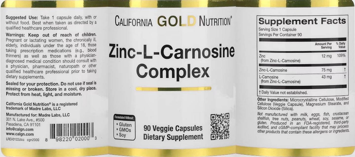 California Gold Nutrition, Zinc-L-Carnosine Complex label