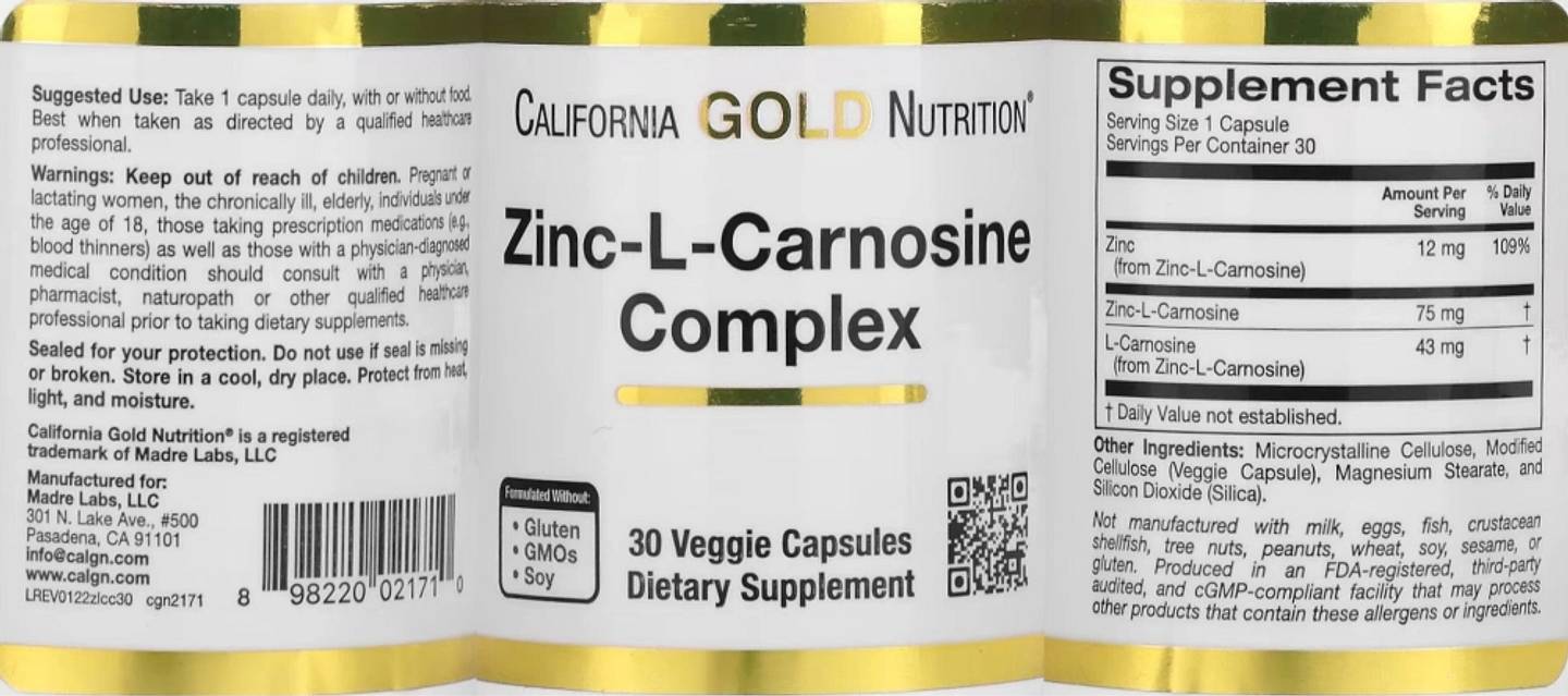 California Gold Nutrition, Zinc-L-Carnosine Complex label