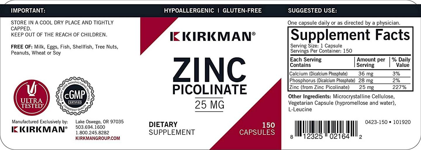 Kirkman Labs, Zinc Picolinate label