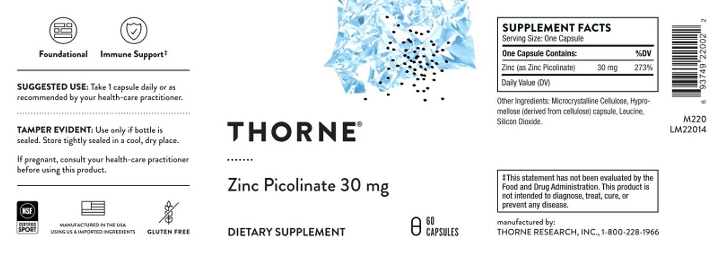 Thorne, Zinc Picolinate label